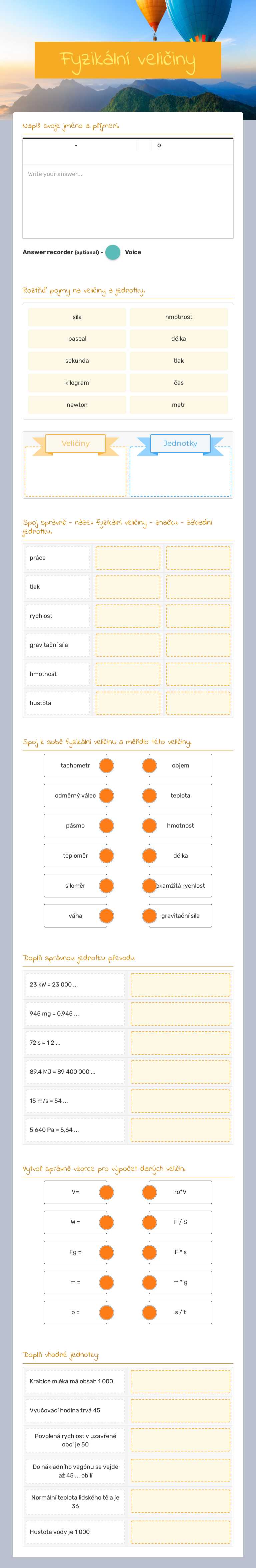 Fyzikální veličiny worksheet preview image