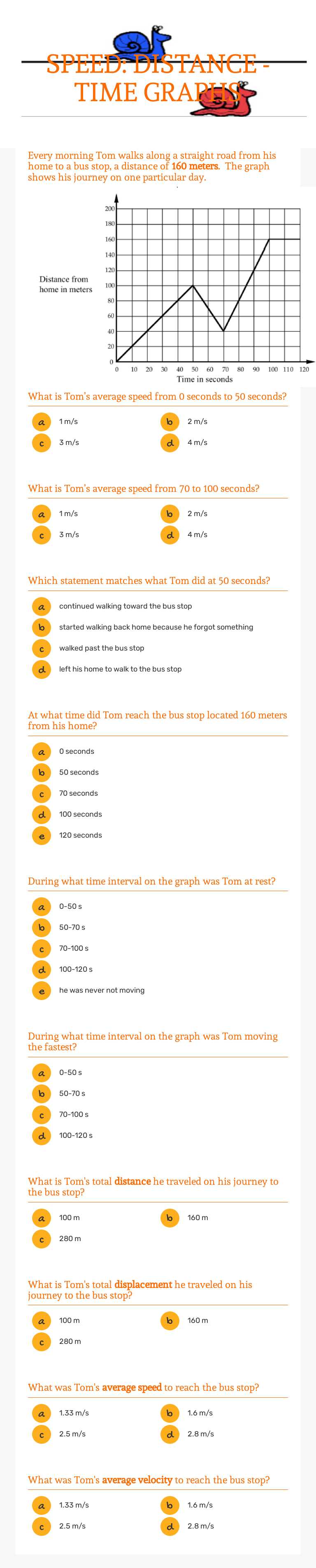 SPEED: DISTANCE - TIME GRAPHS worksheet preview image