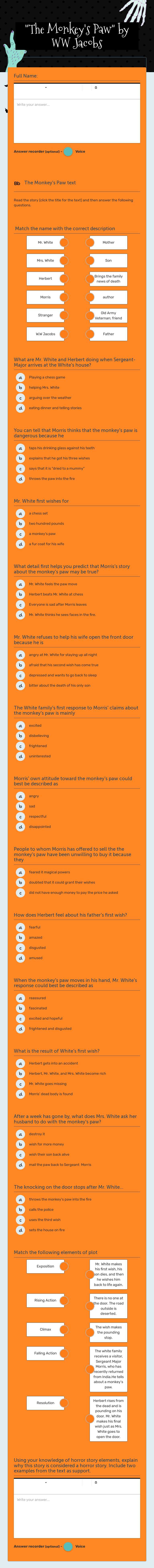 "The Monkey's  Paw" by WW Jacobs worksheet preview image