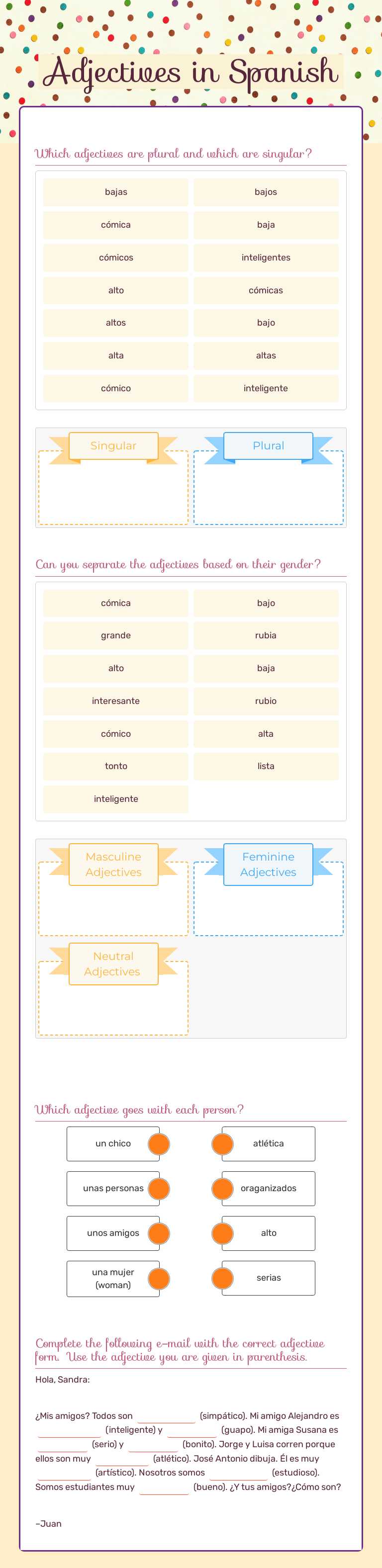 Adjectives in Spanish worksheet preview image