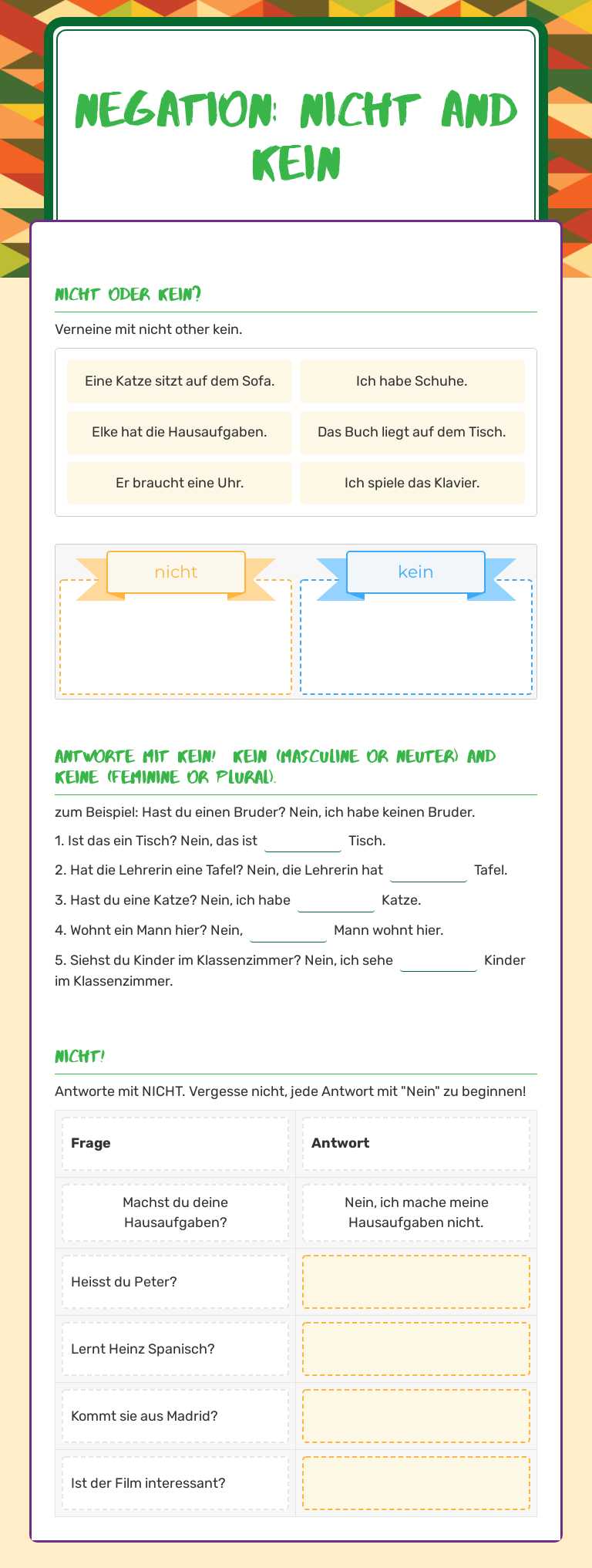 Negation: Nicht and Kein worksheet preview image