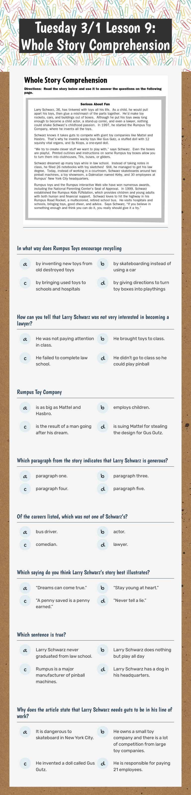 Tuesday 3/1                Lesson 9: Whole Story Comprehension Grade 6 worksheet preview