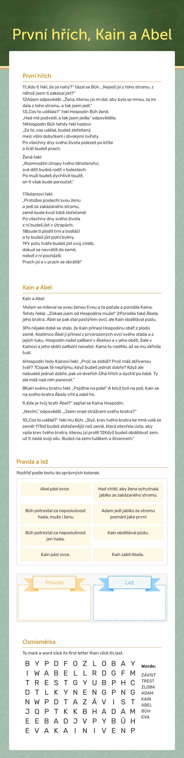 První hřích, Kain a Abel worksheet preview image