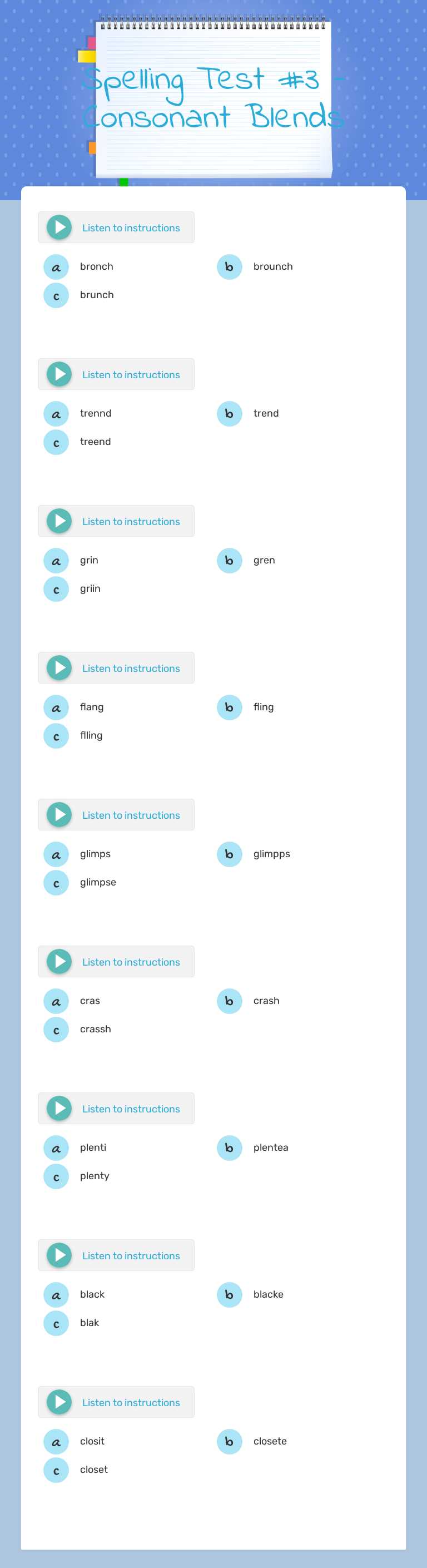 Spelling Test #3 -Consonant Blends worksheet preview