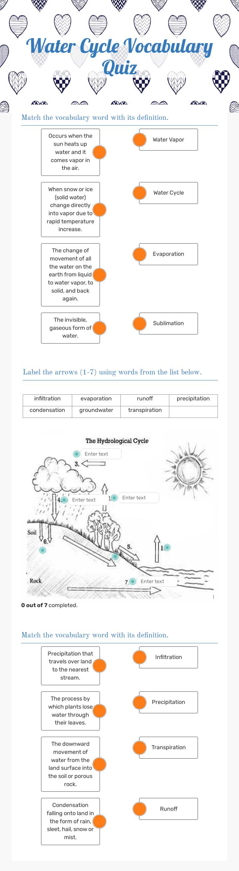 Water Cycle Vocabulary Quiz worksheet preview image