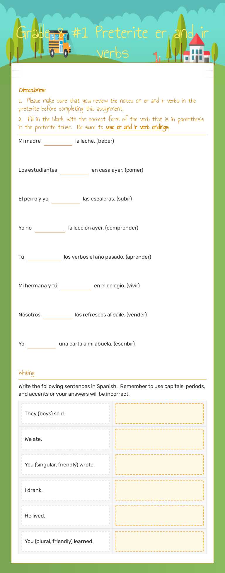 Grade 8 #1 Preterite er and ir verbs worksheet preview image