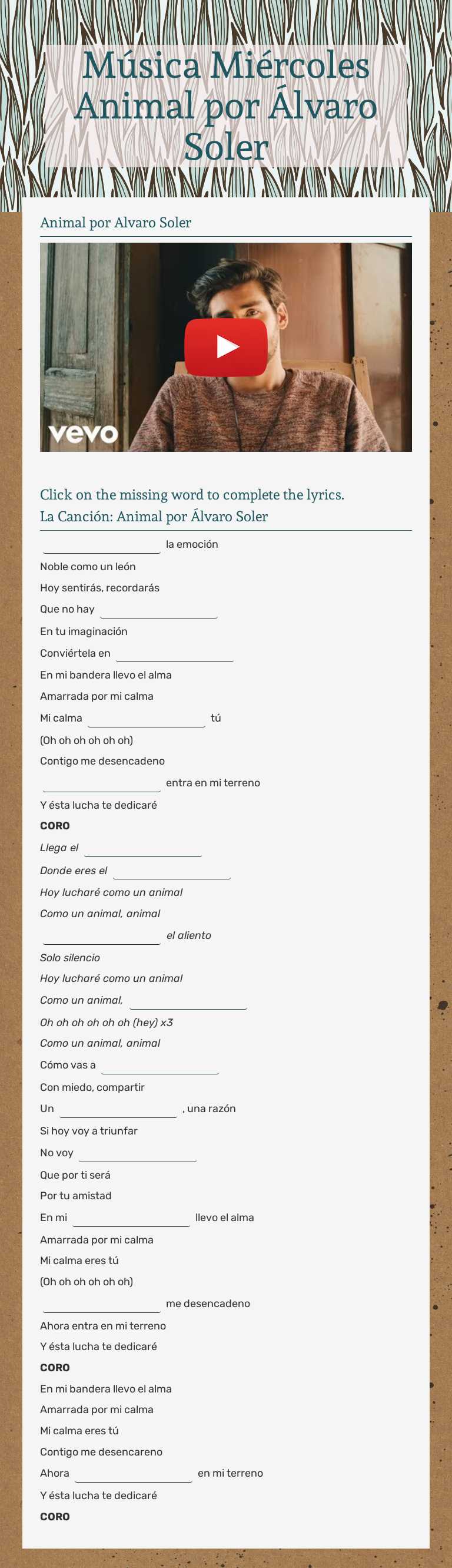Música Miércoles 
Animal 
por Álvaro Soler worksheet preview image