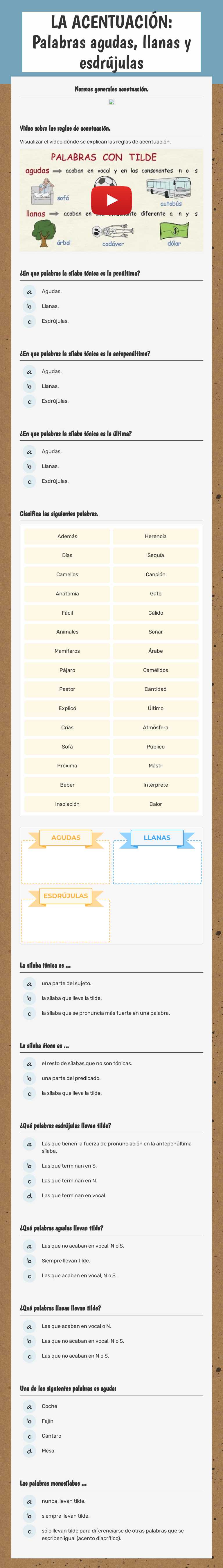 LA ACENTUACIÓN: Palabras agudas, llanas y esdrújulas worksheet preview image