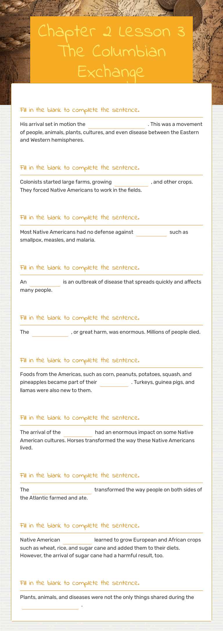 Chapter 2 Lesson 3 The Columbian Exchange Grade 5 worksheet preview