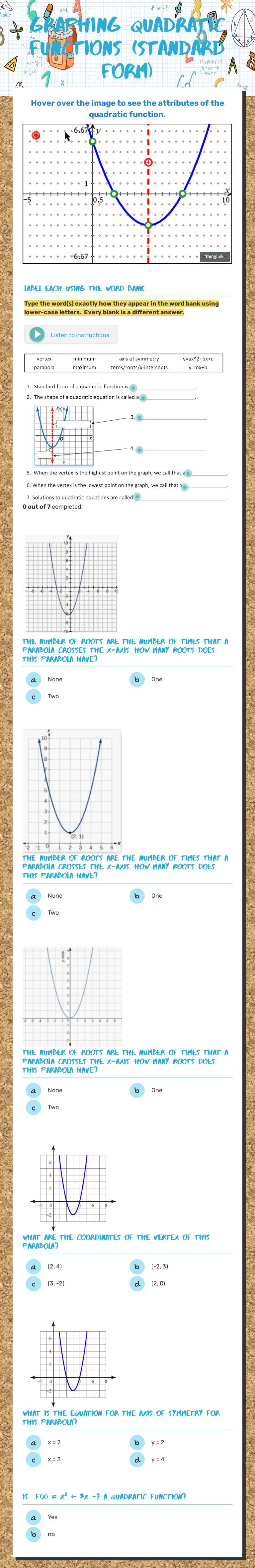 Graphing Quadratic Functions (Standard Form) worksheet preview image