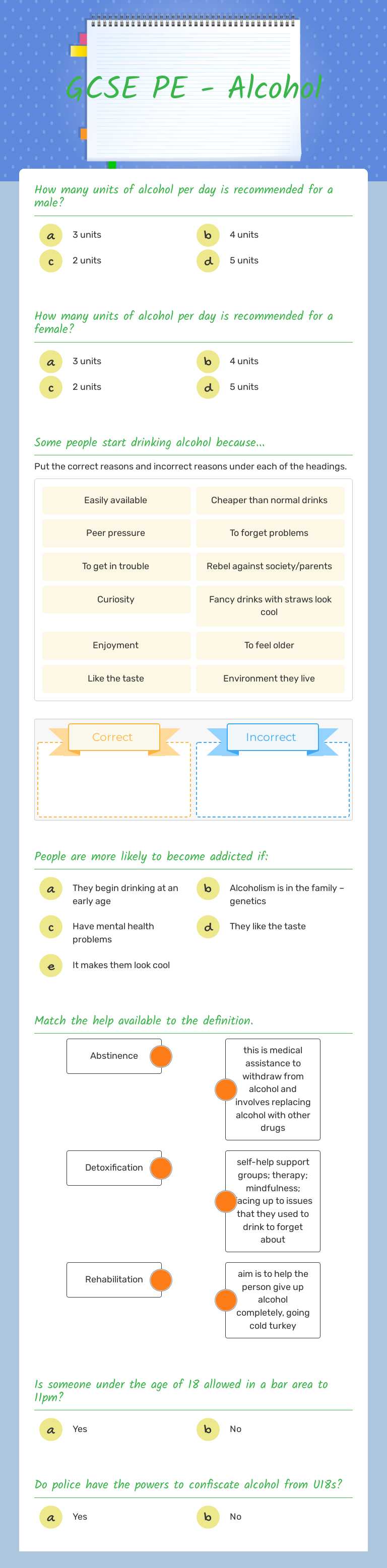 GCSE PE - Alcohol worksheet preview image