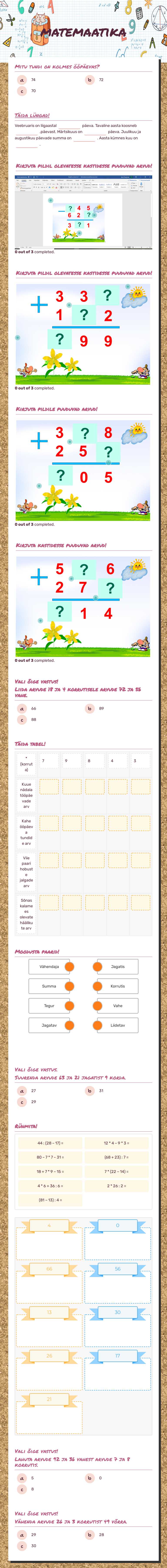 matemaatika Grade 3 worksheet preview