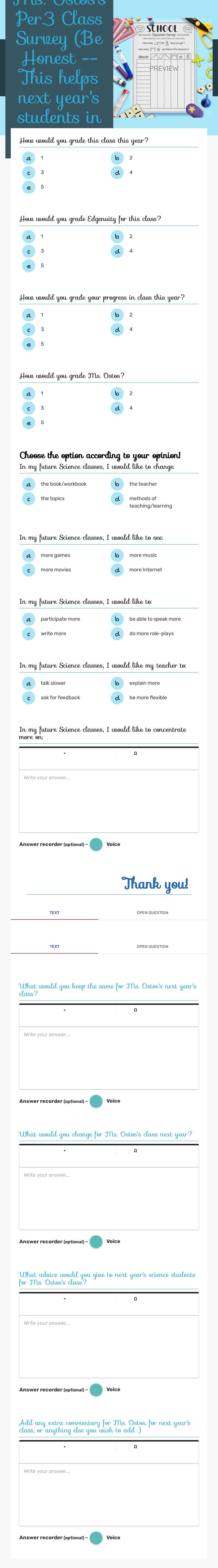 Ms. Ostos's Per.3 Class Survey (Be Honest -- This helps next year's students in my class :)) worksheet preview image