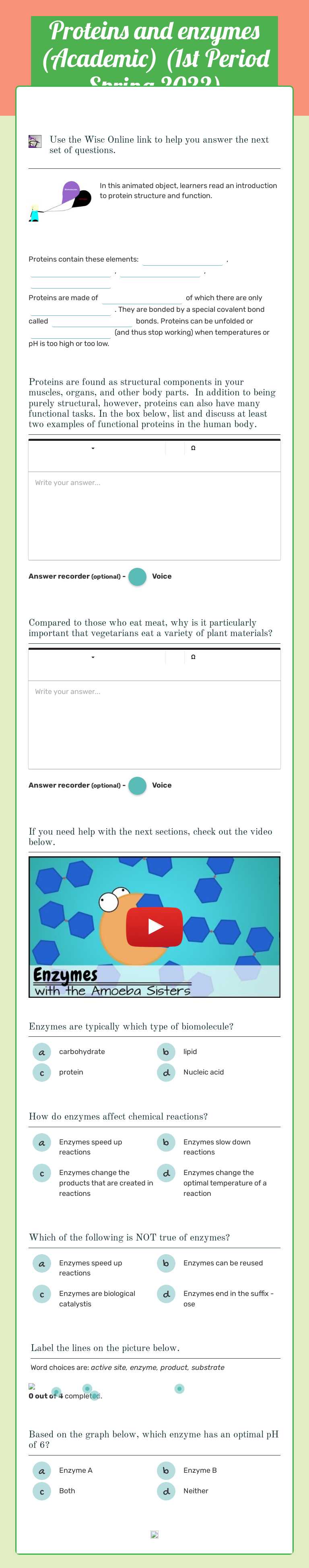 Proteins and enzymes (Academic) (1st Period Spring 2022) worksheet preview image