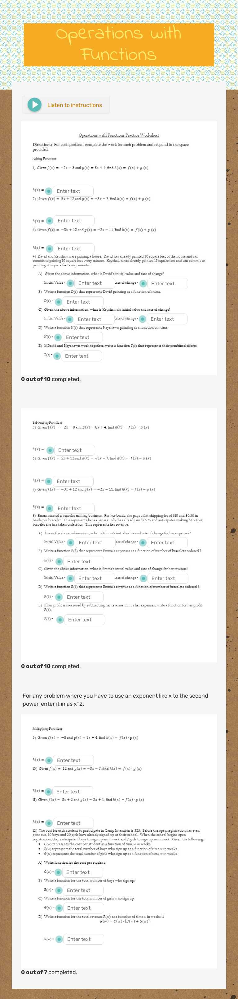 Operations with Functions worksheet preview image