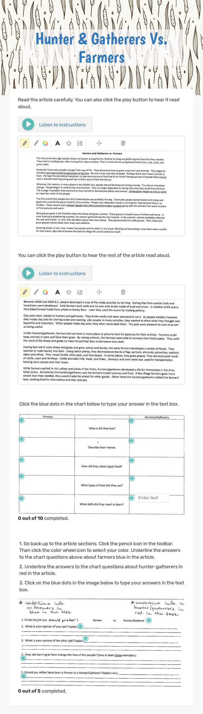 Hunter & Gatherers Vs. Farmers worksheet preview image