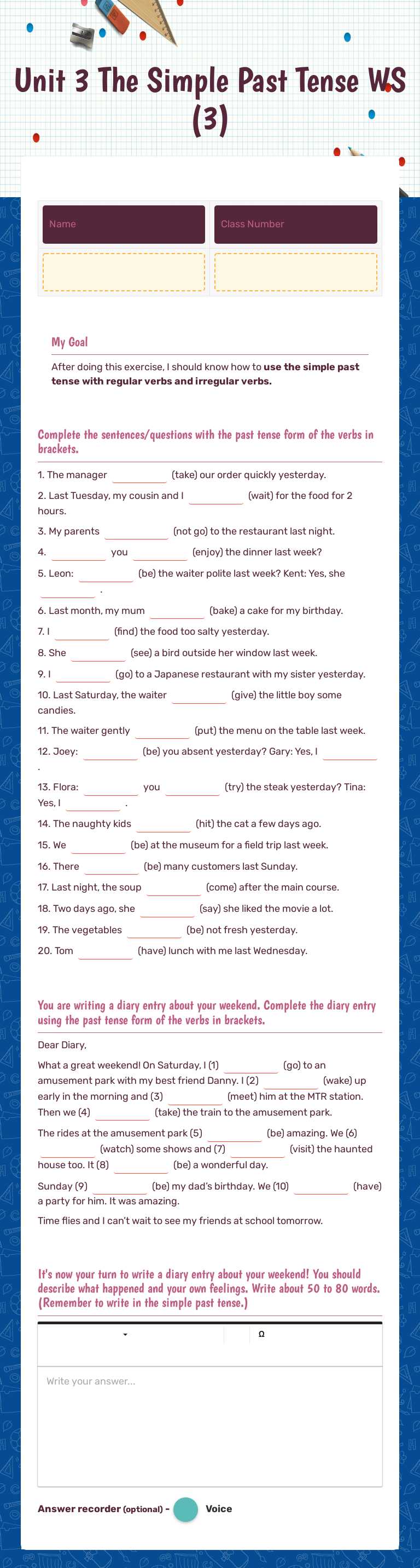Unit 3 The Simple Past Tense WS (3) Grade 5 worksheet preview
