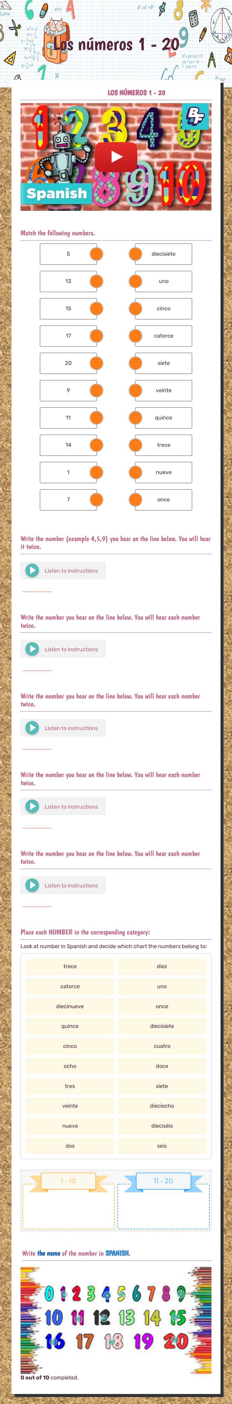 Los números 1 - 20 worksheet preview image