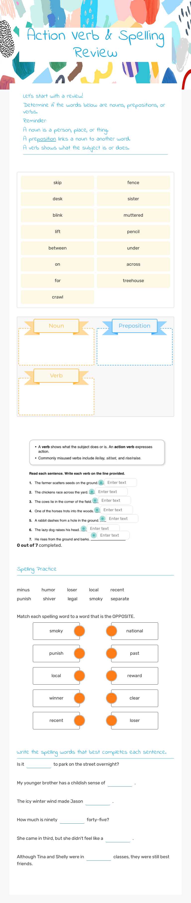Action Verb & Spelling Review worksheet preview image