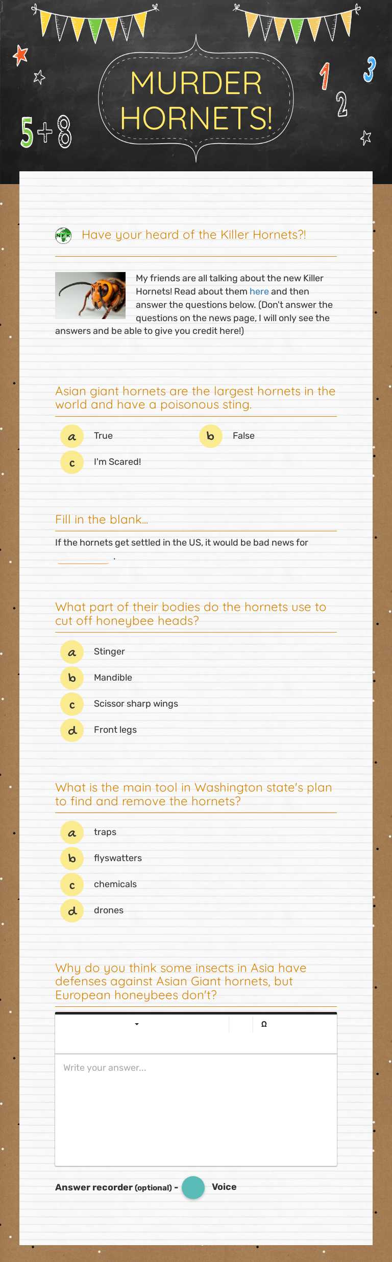 MURDER HORNETS! worksheet preview image
