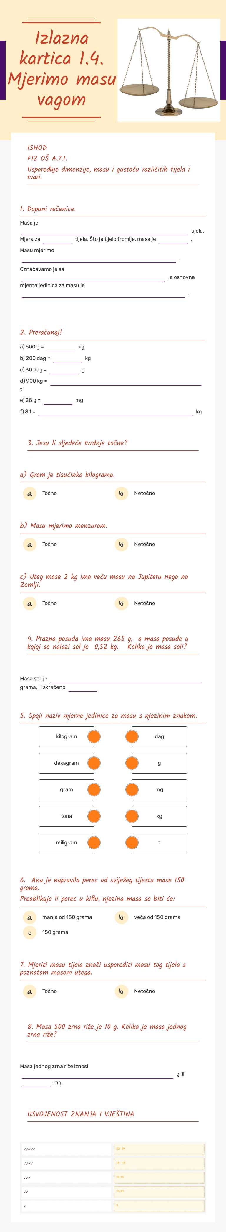 Izlazna kartica 
1.4. Mjerimo masu vagom worksheet preview