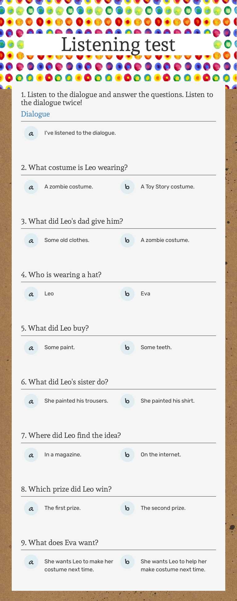 Listening test worksheet preview image