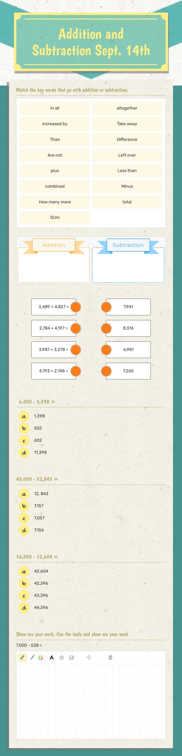 Addition and Subtraction  Sept. 14th worksheet preview image