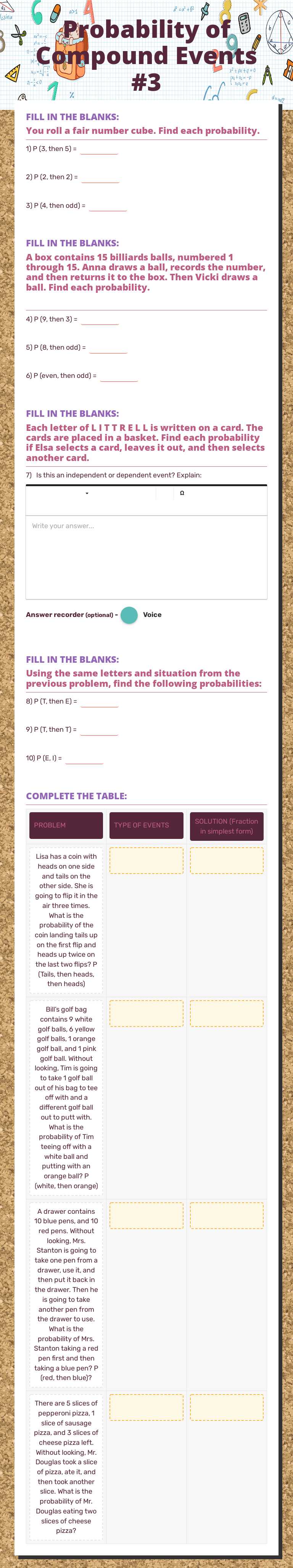 Probability of Compound Events #3 worksheet preview image