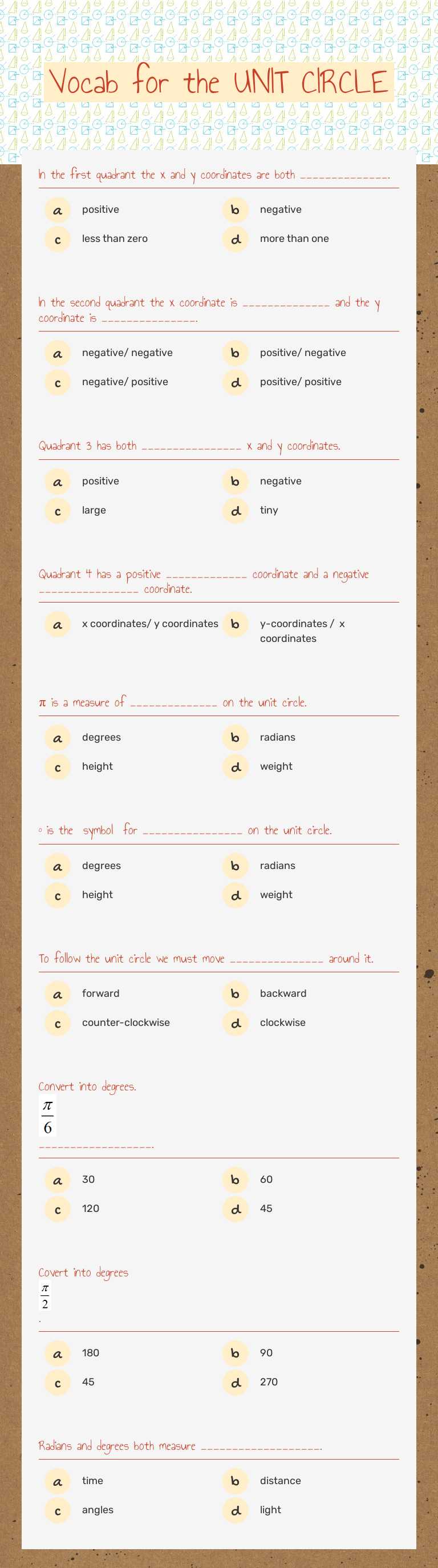 Vocab for the UNIT CIRCLE Grade 10 worksheet preview