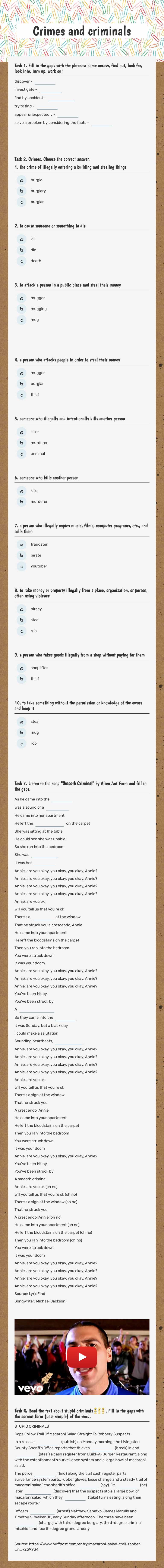 Crimes and criminals Grade 8 worksheet preview