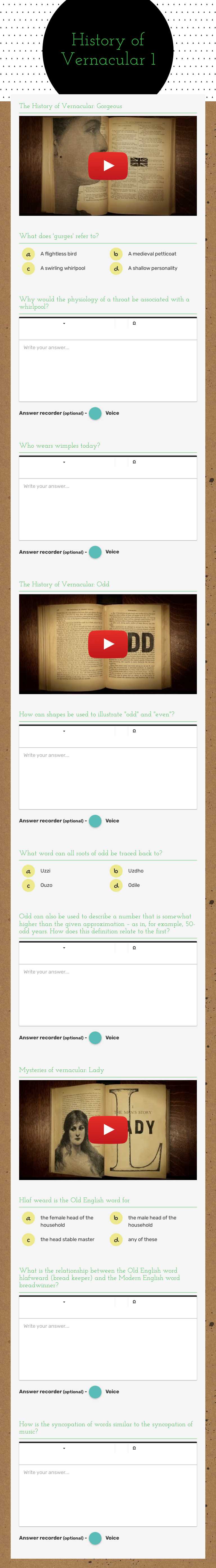 History of Vernacular 1 worksheet preview image
