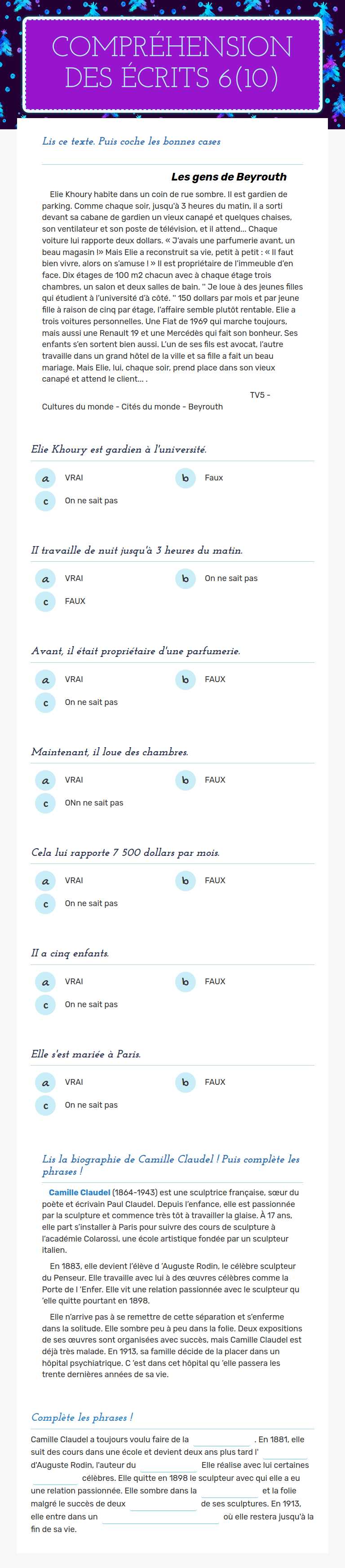 COMPRÉHENSION DES ÉCRITS 6(10) worksheet preview image