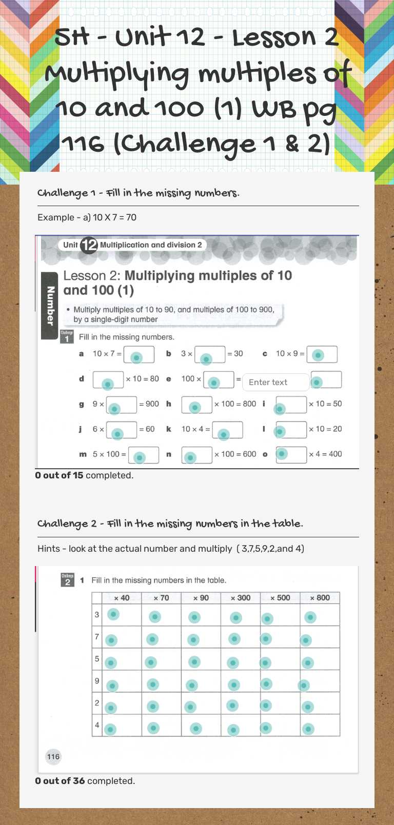 5H - Unit 12 - Lesson 2            Multiplying multiples of 10 and 100 (1)                                          WB pg 116 (Challenge 1 & 2) worksheet preview image
