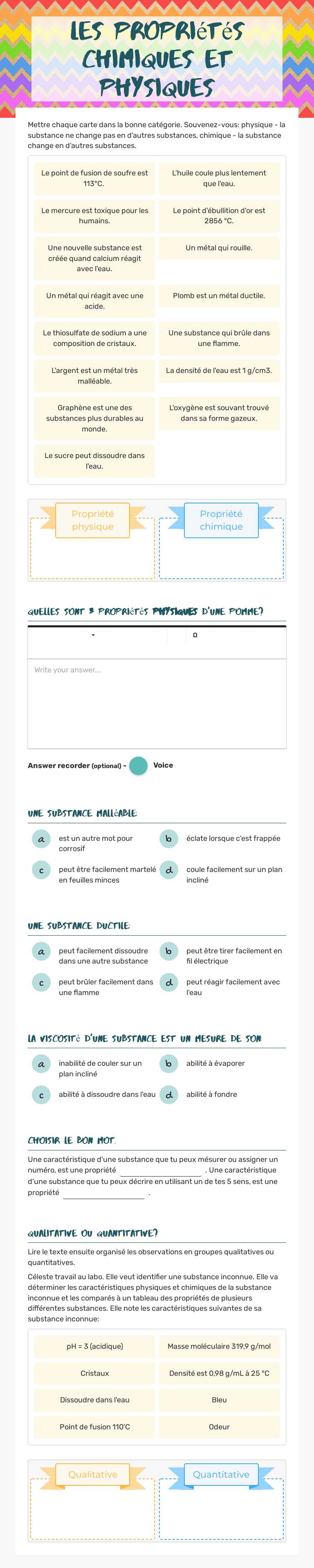 les propriétés chimiques et physiques worksheet preview image