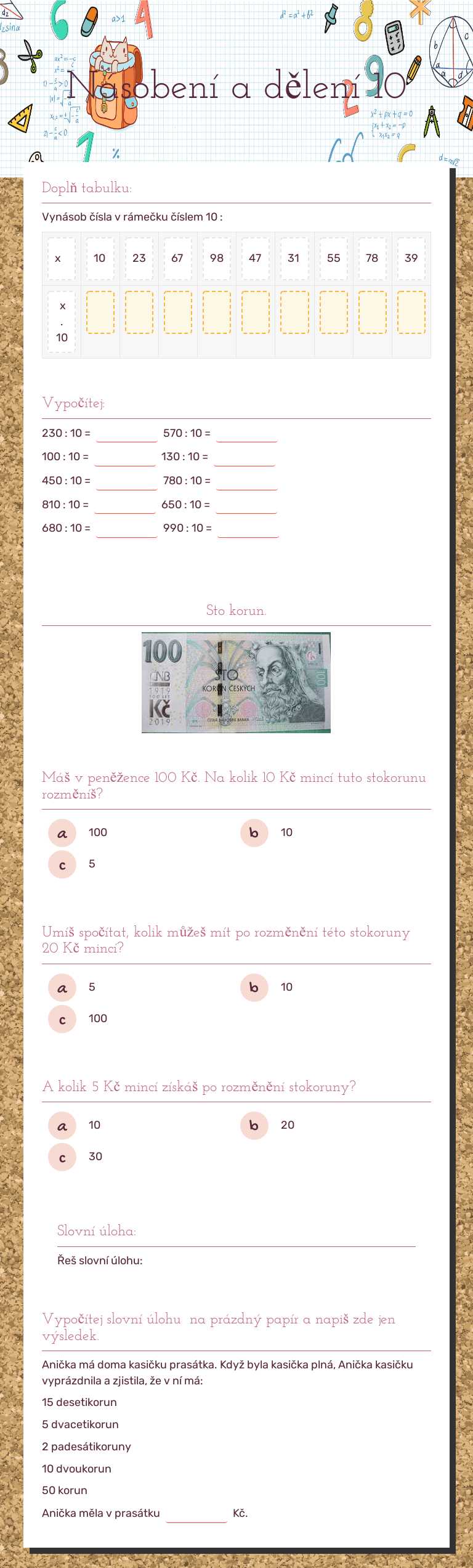 Násobení a dělení 10 worksheet preview image