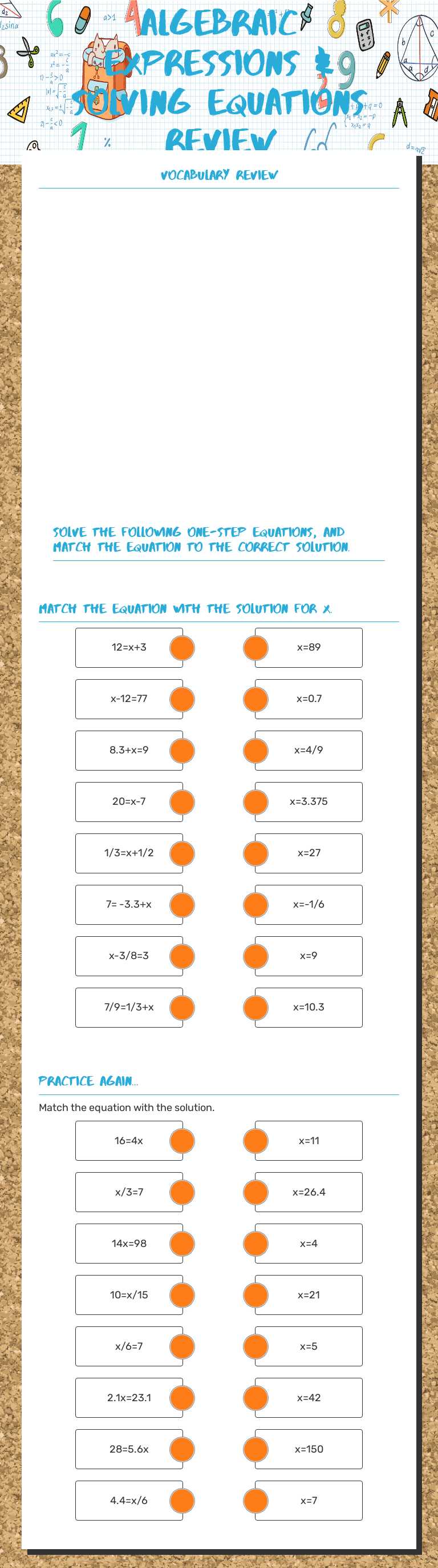 Algebraic expressions & Solving Equations Review worksheet preview image