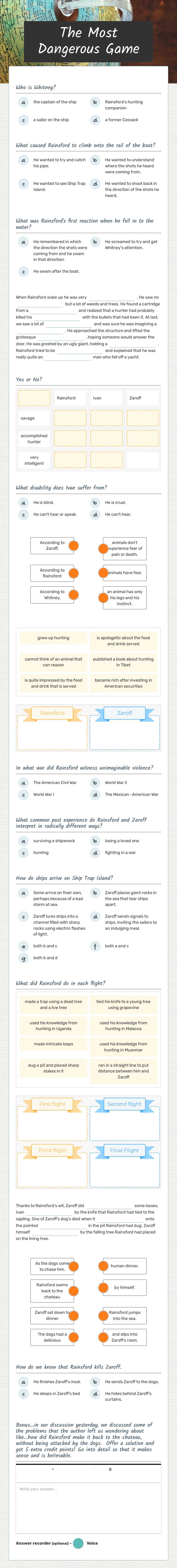 The Most Dangerous Game worksheet preview image