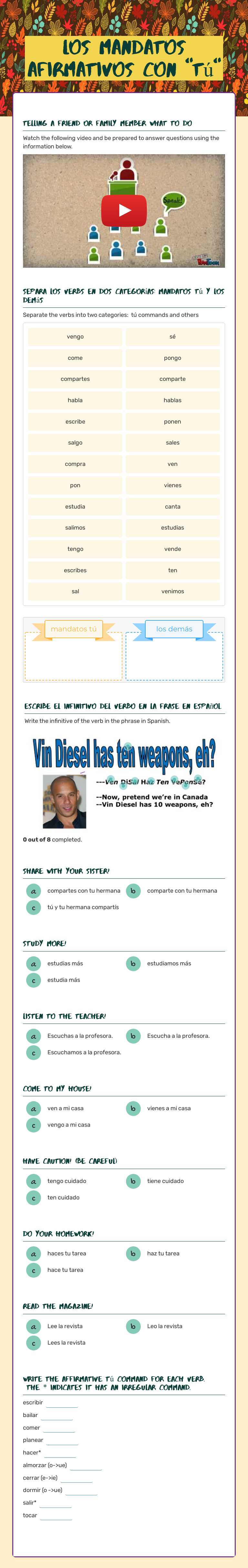 Los mandatos  afirmativos con "tú" Grade 11 worksheet preview