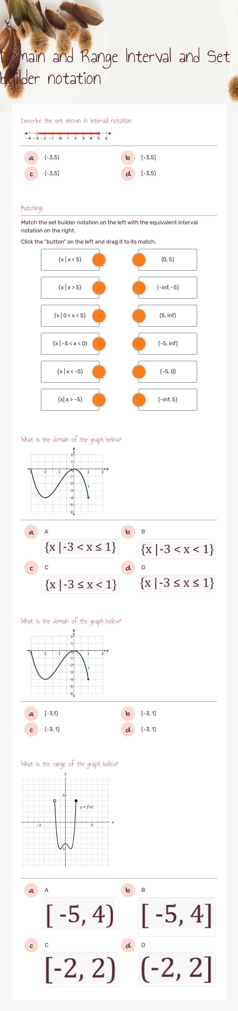 Domain and Range                       
        Interval and Set builder notation worksheet preview image