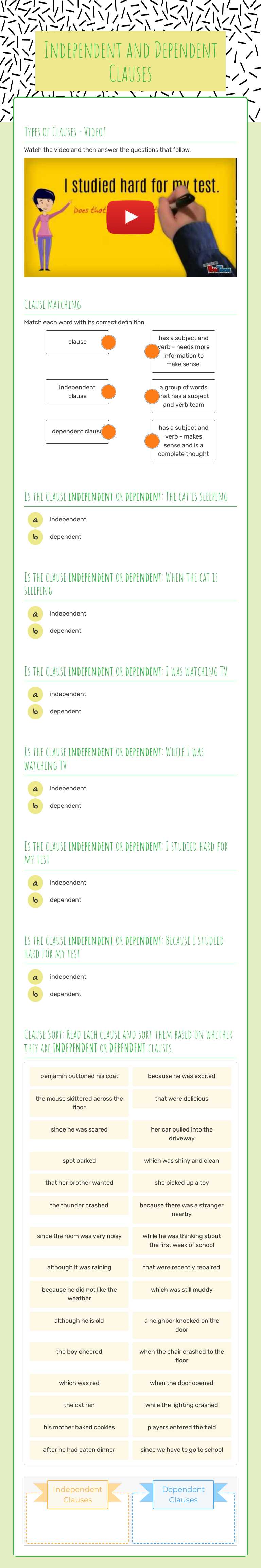 Independent and Dependent Clauses worksheet preview image