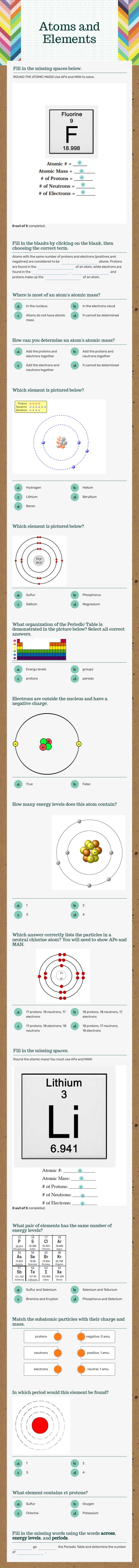 Atoms and Elements Grade 8 worksheet preview