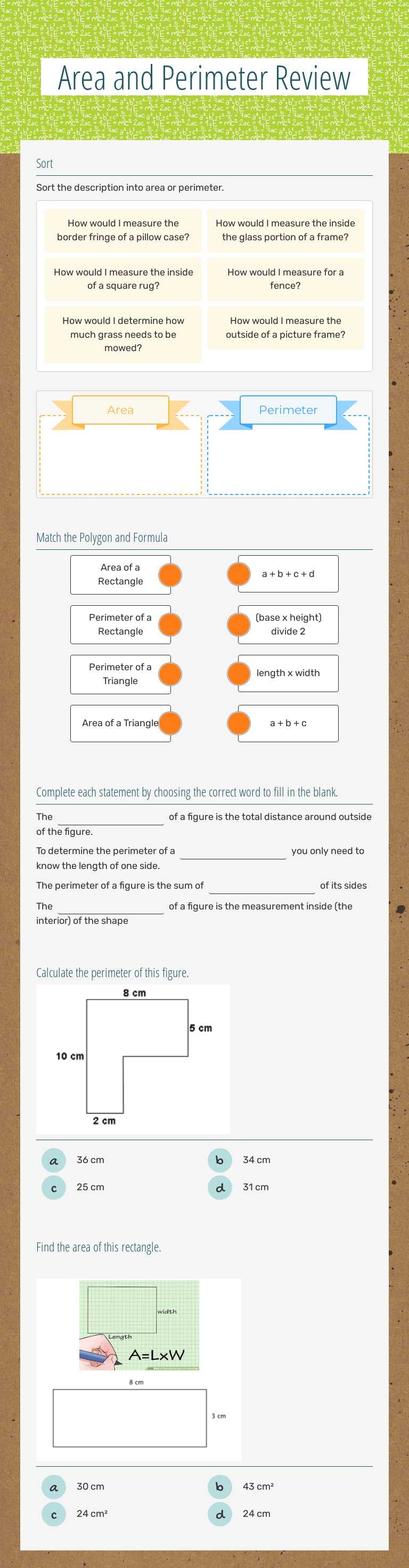 Area and Perimeter Review worksheet preview image