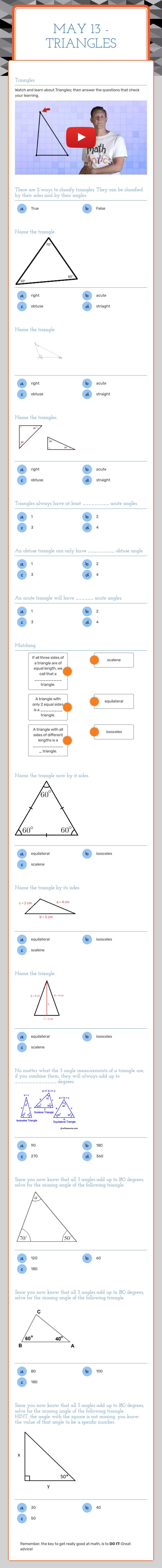 May 13 - Triangles Grade 4 worksheet preview