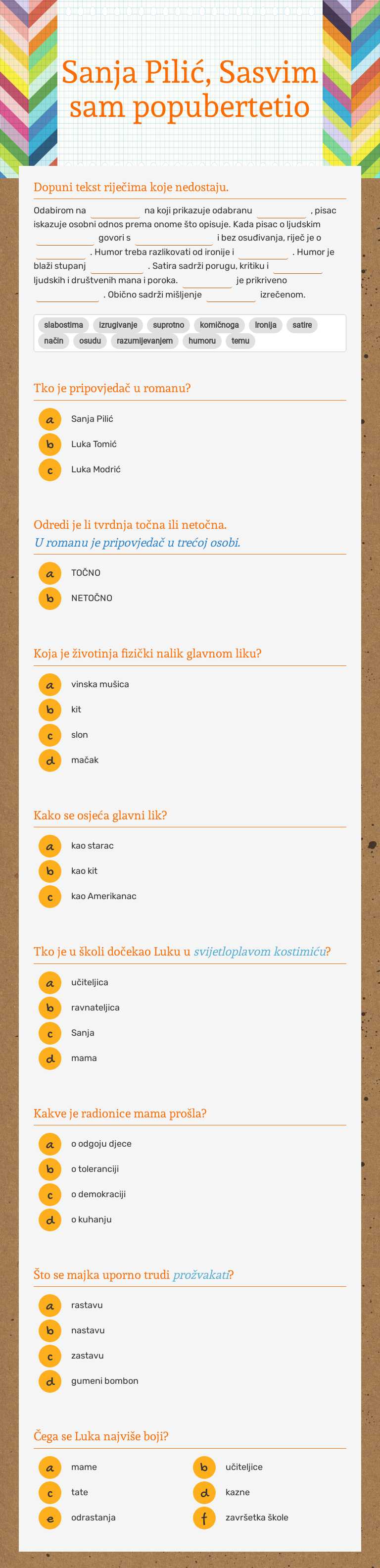 Sanja Pilić, Sasvim sam popubertetio worksheet preview image