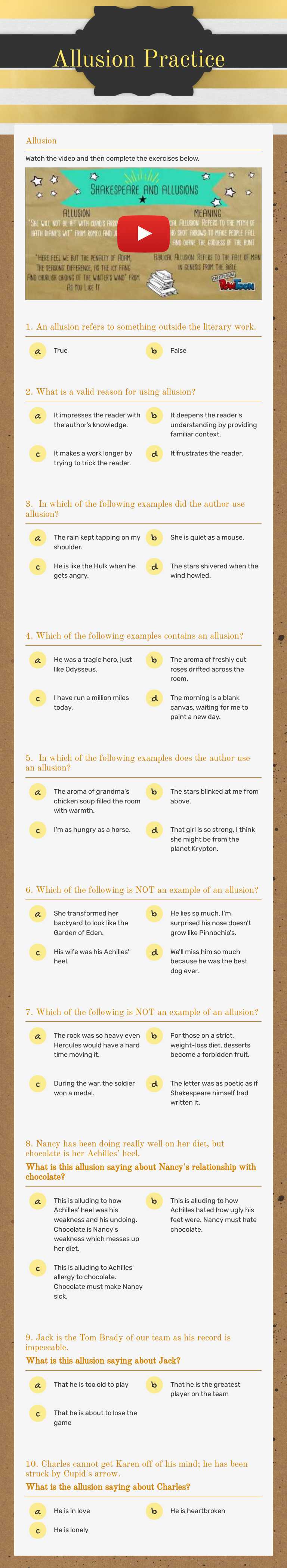 Allusion Practice worksheet preview image