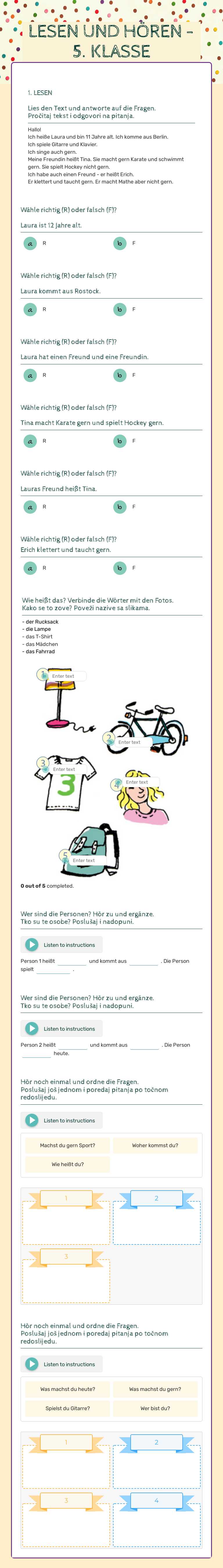 LESEN UND HÖREN - 5. KLASSE worksheet preview image