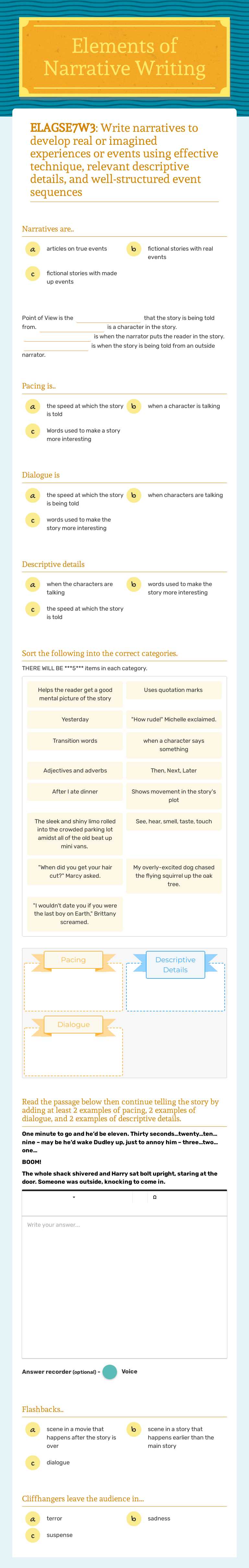 Elements of Narrative Writing worksheet preview image
