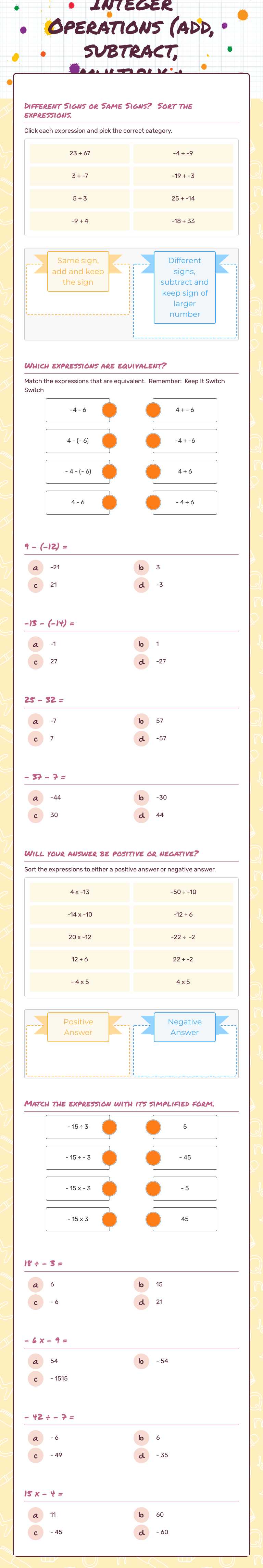 Integer Operations (add, subtract, multiply & divide) worksheet preview image