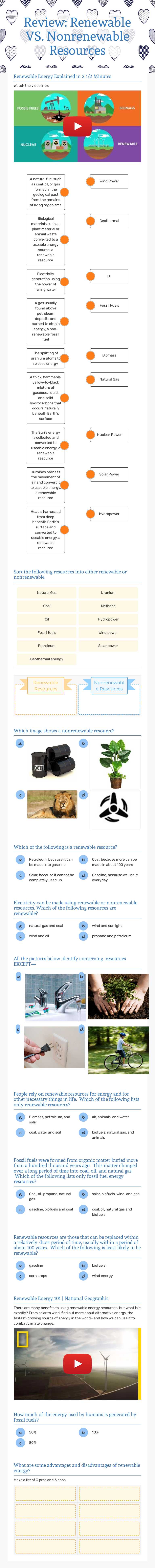 Review: 
 Renewable VS. Nonrenewable Resources worksheet preview image