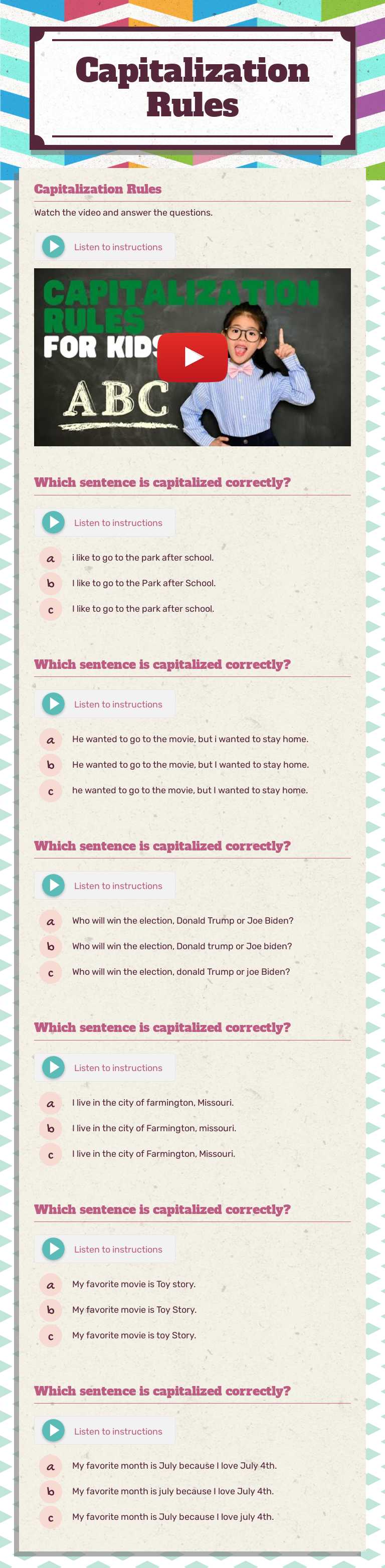 Capitalization Rules Grade 2 worksheet preview